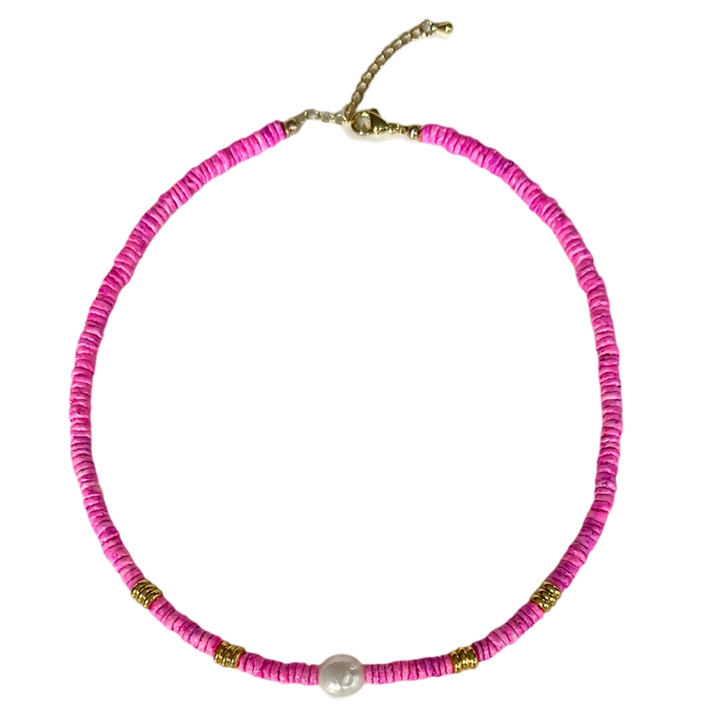 Fuchsia Pink Shell Beaded Choker Necklace