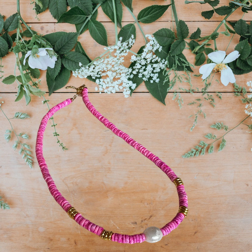 Fuchsia Pink Shell Beaded Choker Necklace