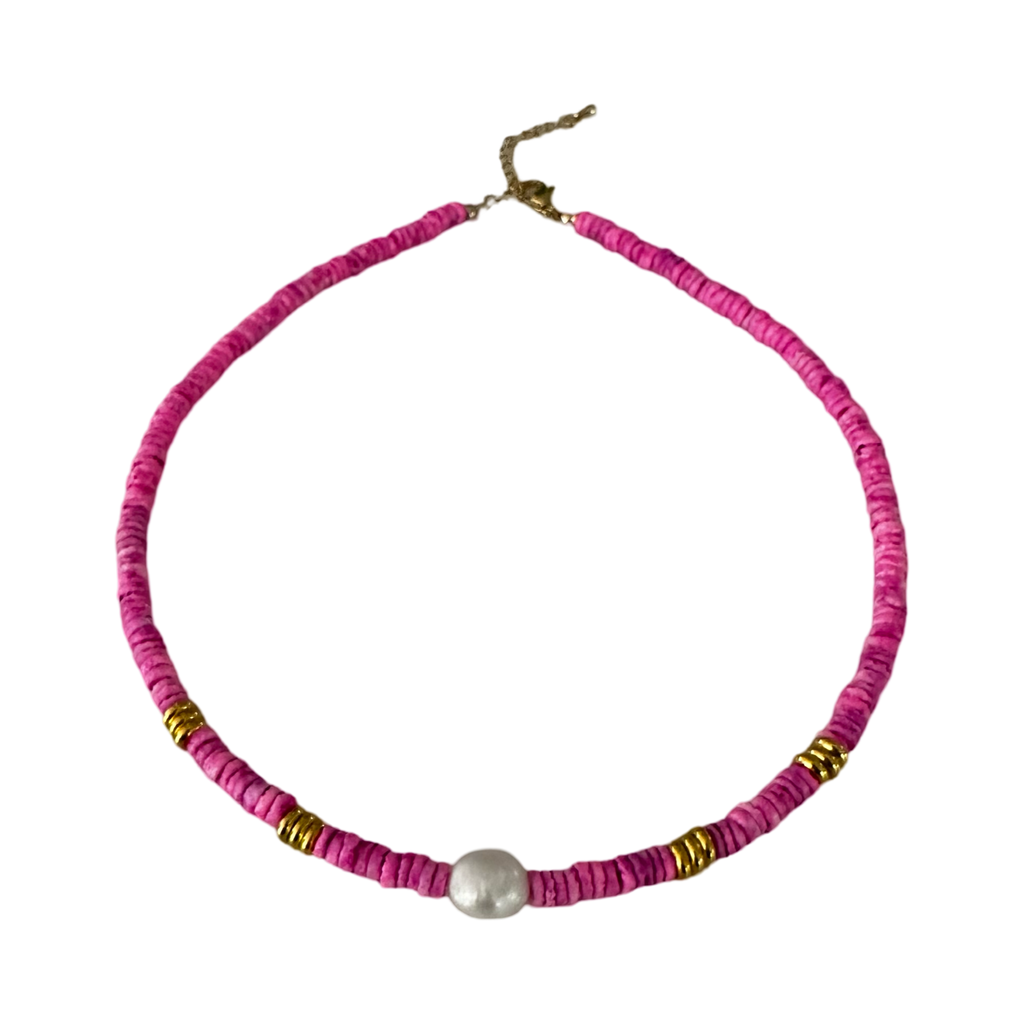 Fuchsia Pink Shell Beaded Choker Necklace