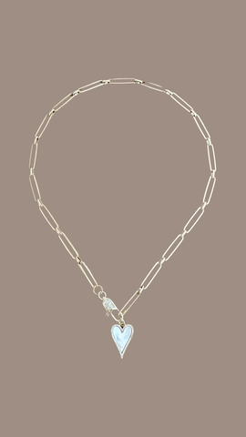 Pave Diamond Heart Mother of Pearl Charm & Gold Paperclip Chain Choker