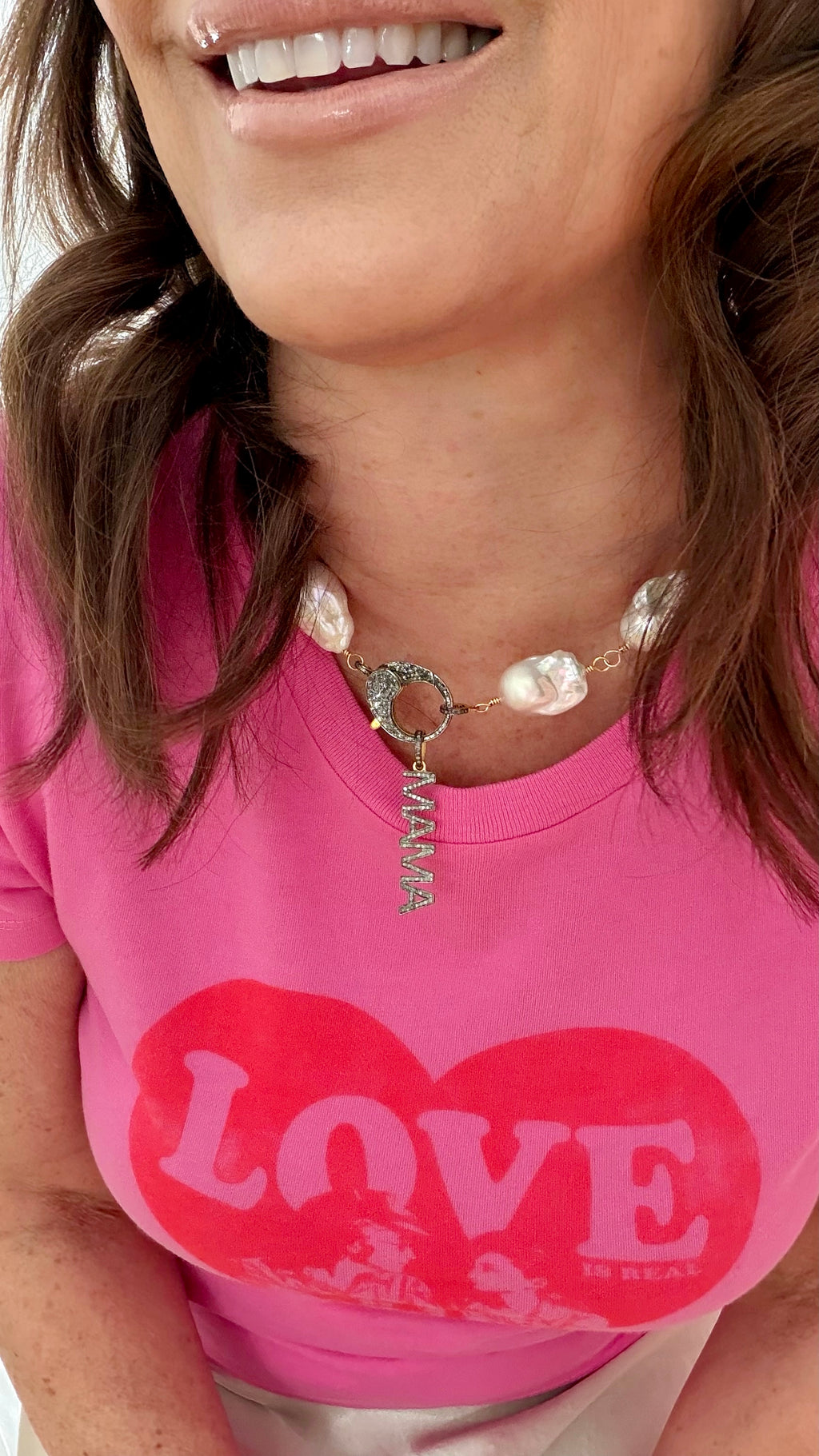 Pave Diamond Gold/Black MAMA Pendant & Baroque Pearl Necklace