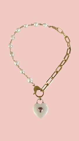 White Agate Heart & Pearl Necklace