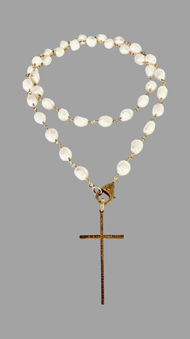 Baroque Pearls & Gold Pave Diamond Cross Pendant Necklace