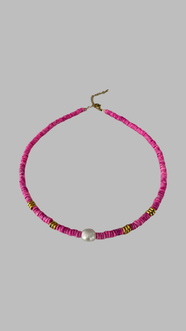 Fuchsia Pink Shell Beaded Choker Necklace