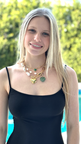 Puffy Heart & Baroque Pearl Brass Necklace