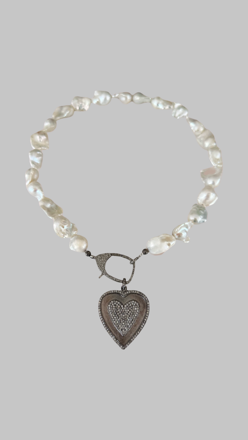 Pave Diamond Heart Pendant and Baroque a pearl Necklace
