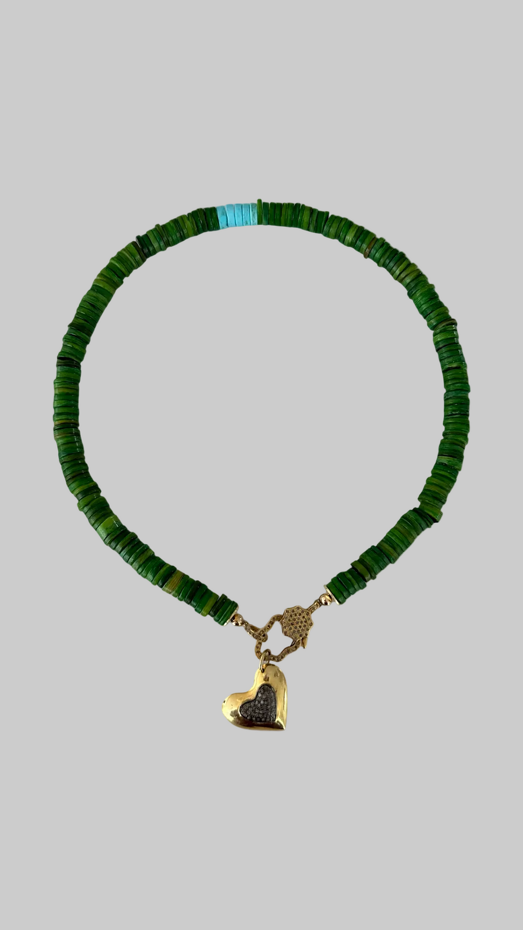 Pave Diamond Heart Pendant & Green Heishi Beaded Necklace