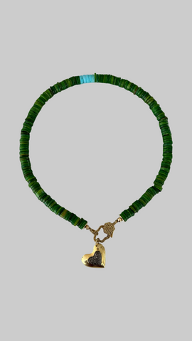 Pave Diamond Heart Pendant & Green Heishi Beaded Necklace