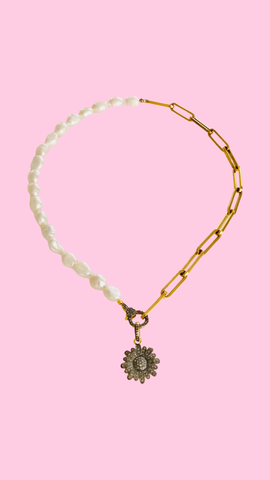 Pave Diamond Rosecut Flower & Freshwater Pearl Necklace