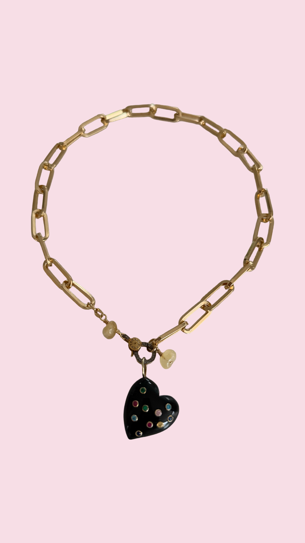 Black Onyx Heart Pendant & Paperclip Clip Chain Necklace