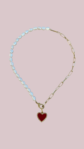 Red Diamond Heart & Pearl Necklace