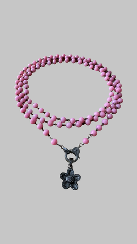 Vintage Pink Glass & Diamond Charm Necklace