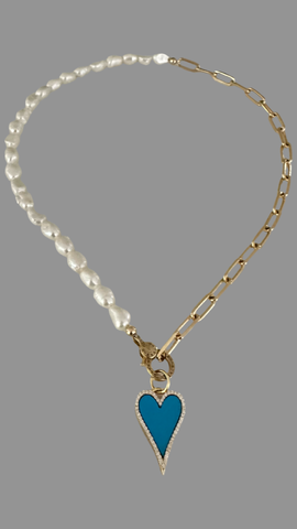 Pave Turquoise Heart Charm & Gold Paper Clip Chain Necklace