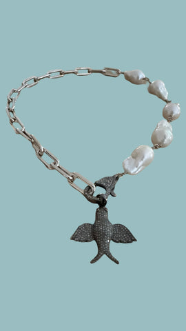 Diamond Bird & Pearl Sterling Silver Necklace
