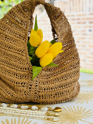 Tan Raffia Crochet Tote Bag
