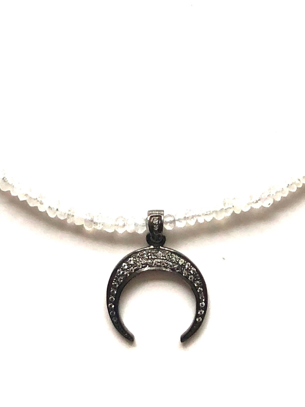 Moonstone and Pave Crescent Moon Necklace
