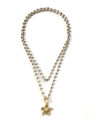 Grey Beads and Gold Pave Flower Pendant Necklace