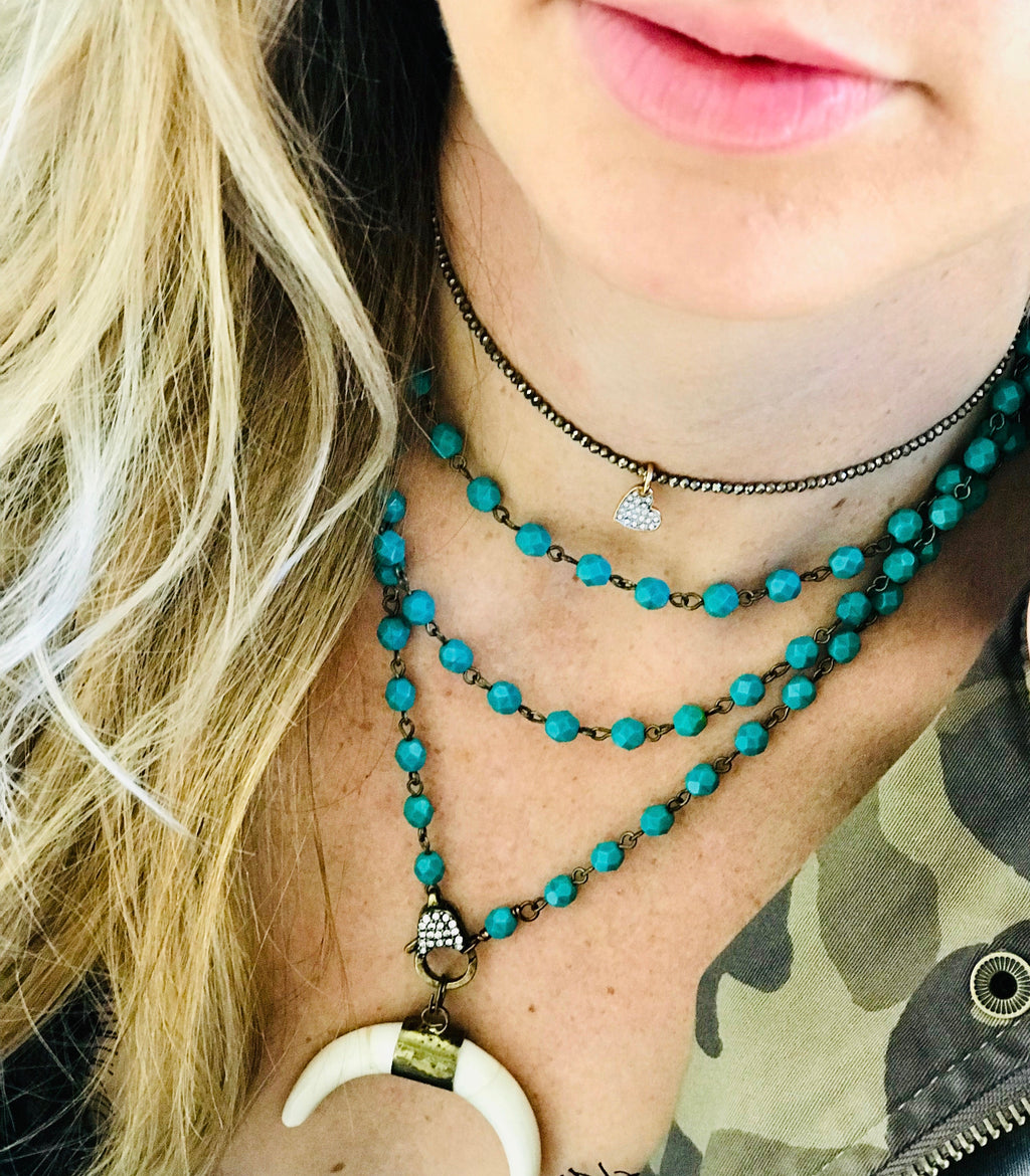 Green Turquoise and Crescent Moon Pendant Necklace