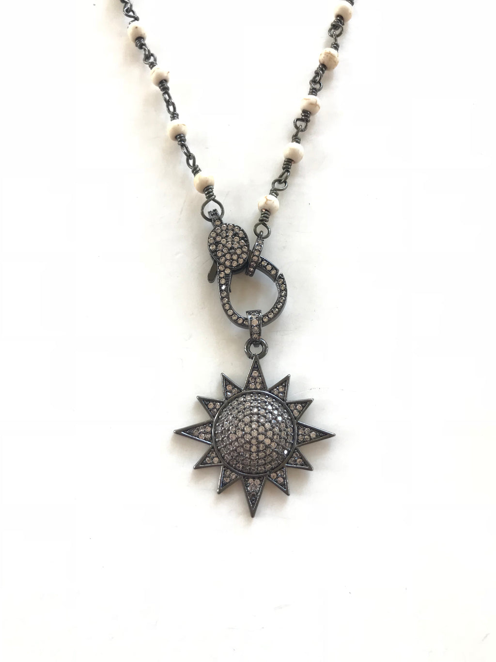 Howlite and  Gunmetal Sunburst Pendant Necklace