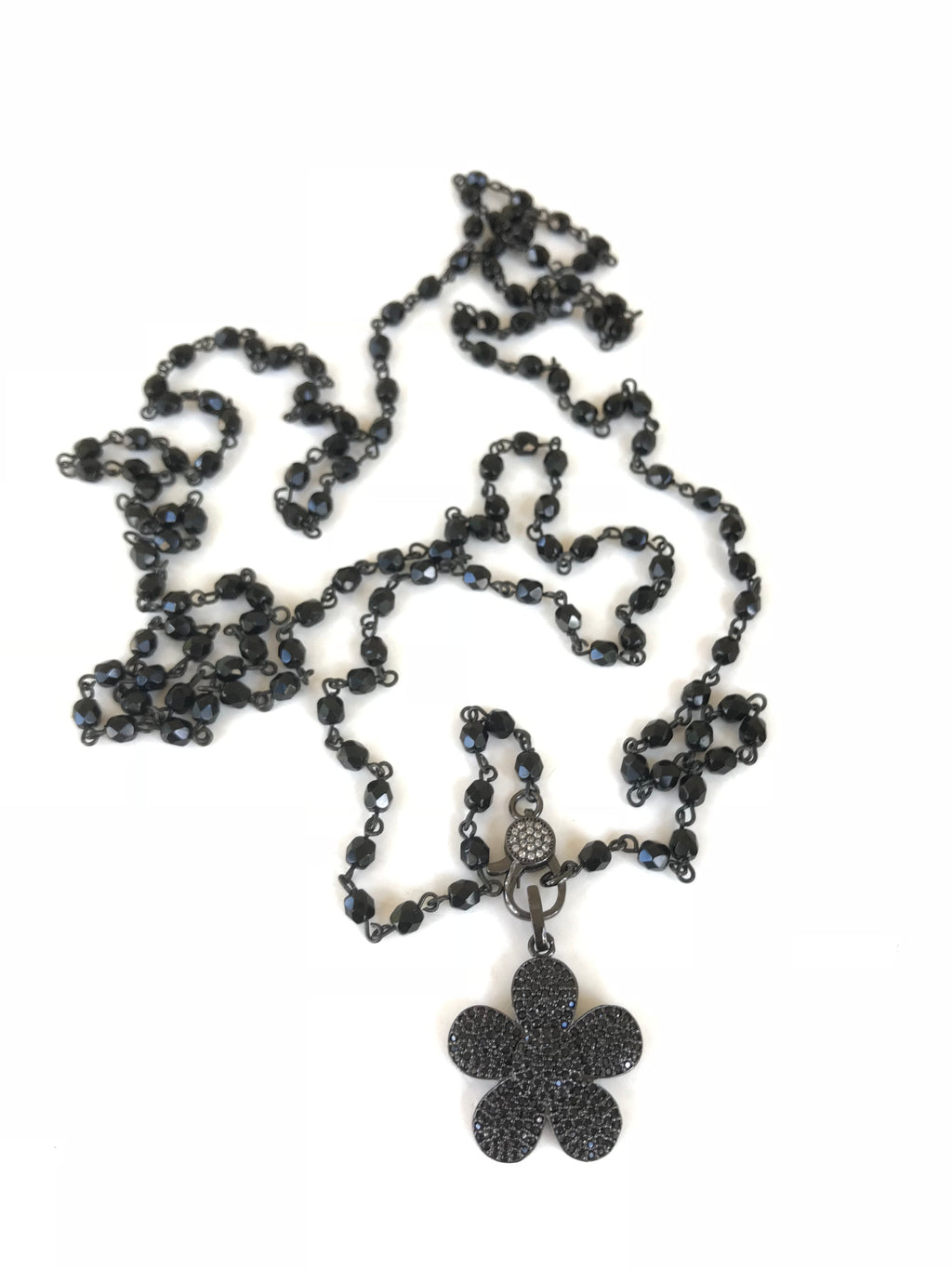 Jet Black Beads and Gunmetal Flower Pendant Necklace