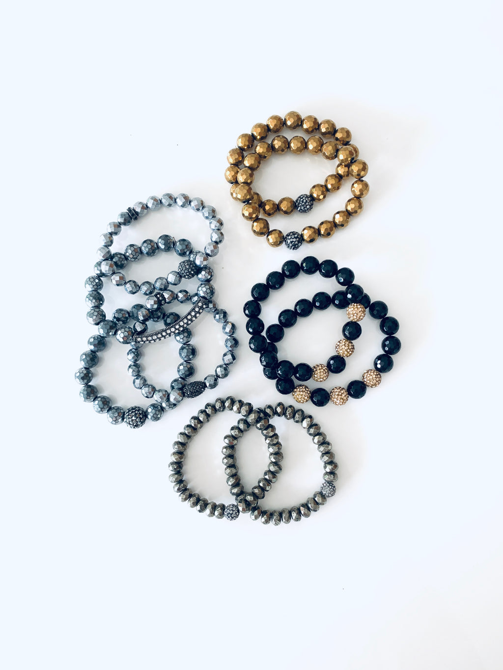 Black Onyx Beads And Pave Gold Ball Bracelet