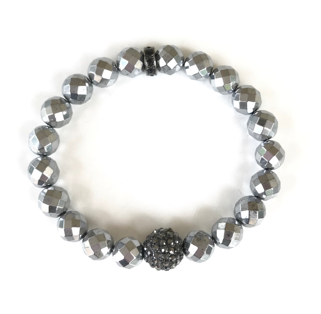 Silver Pyrite 8mm Beads and Pave Round Ball Bracelet