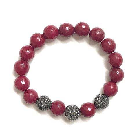 Ruby Red Jade and Gunmetal Pave Ball Bracelet