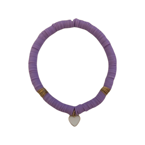 White Heart Charm & Lavender Clay Disc Bracelet