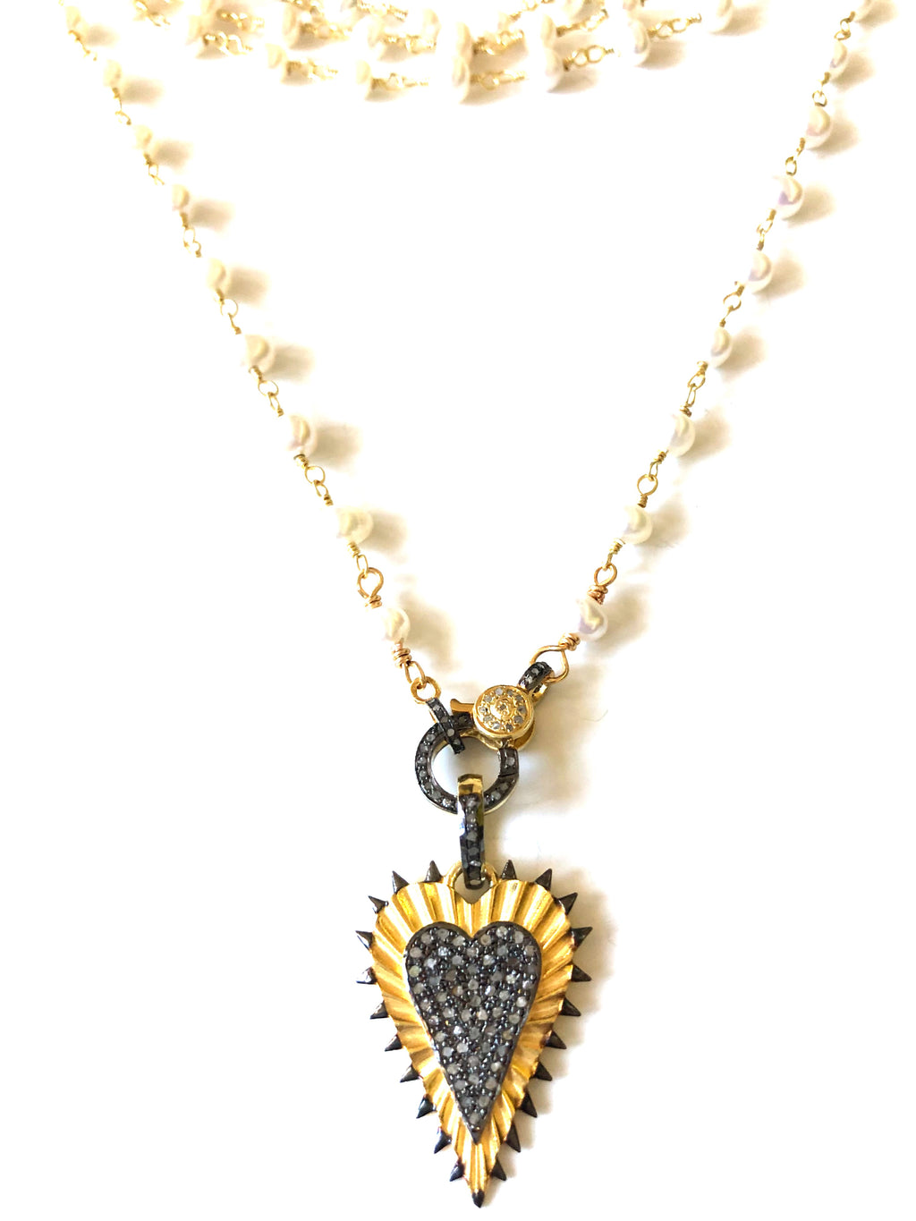 Pave Diamond Heart Pendant & Fresh Water Pearl Necklace