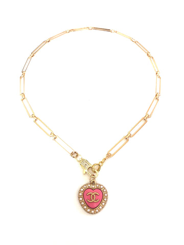 Vintage Pink Heart Charm and Gold Filled Link Chain Necklace