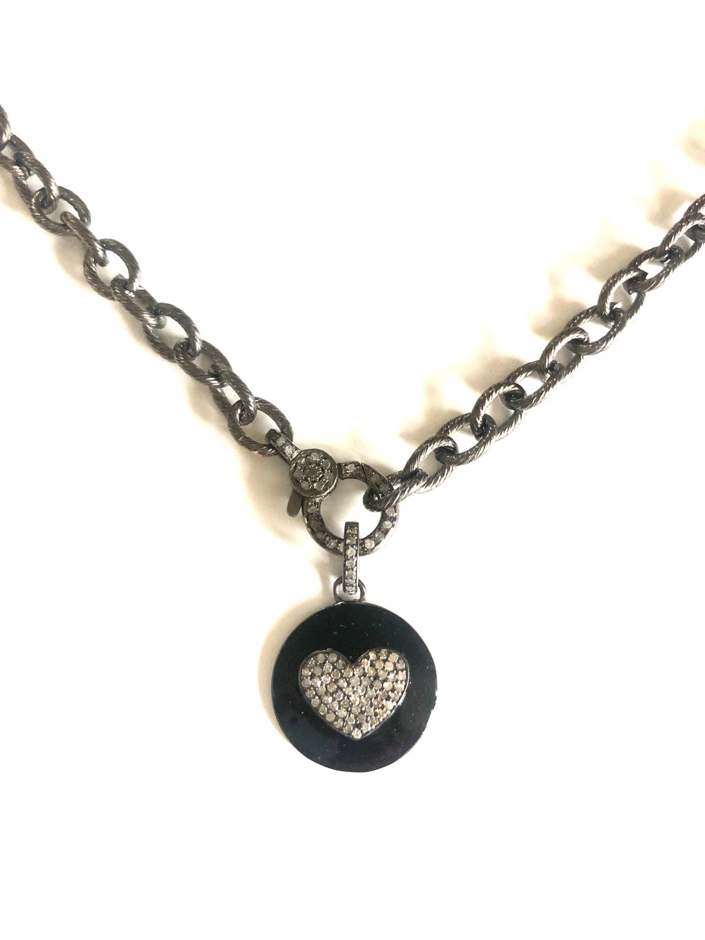 PAVE Diamond Heart Pendant and Gunmetal Chain Necklace