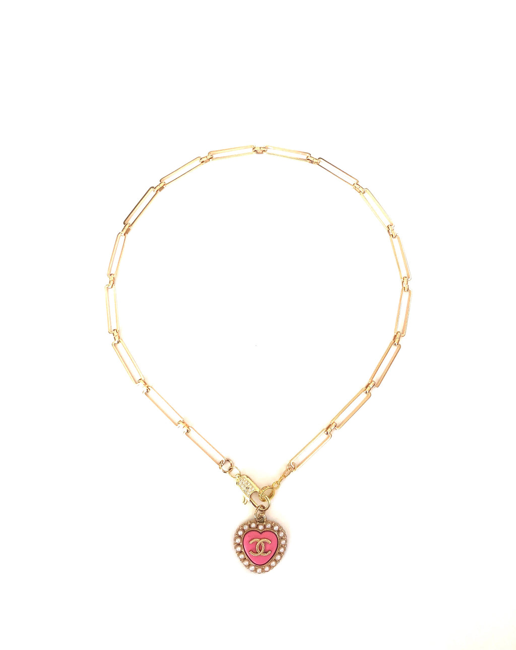 Vintage Pink Heart Charm and Gold Filled Link Chain Necklace