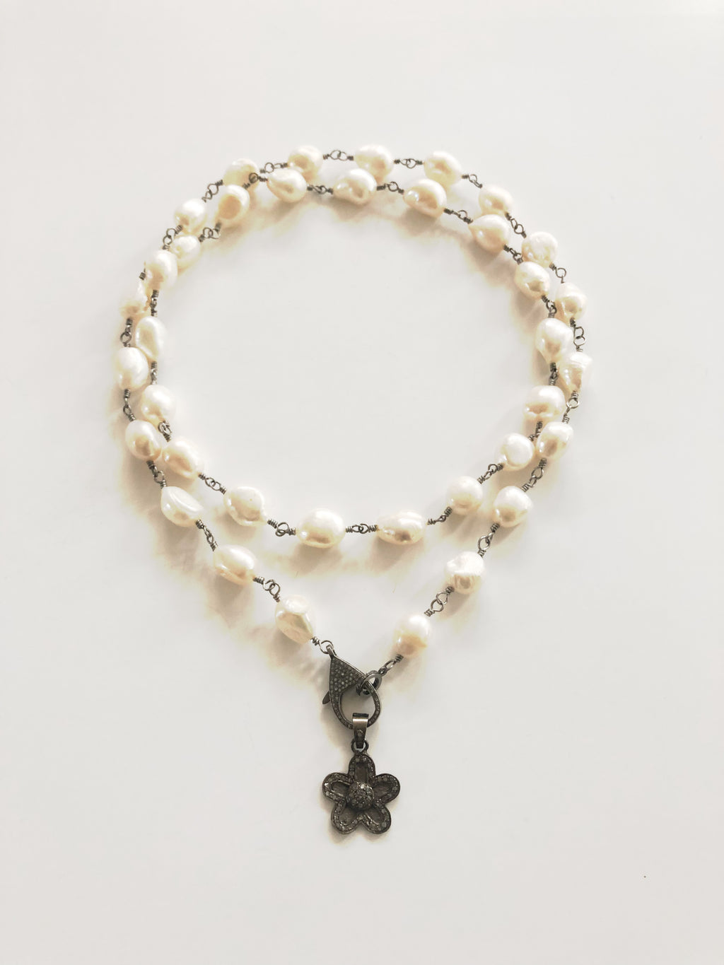 Baroque Pearls & Pave Flower Pendant Necklace