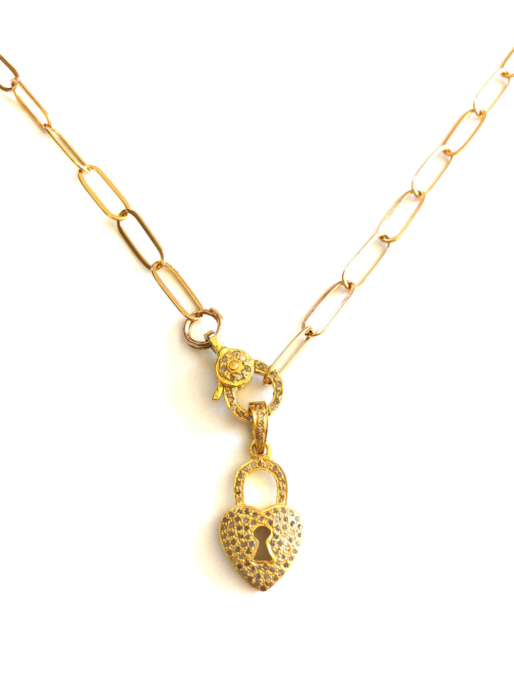 Pave Diamond Heart Lock Charm & Paperclip Chain Necklace