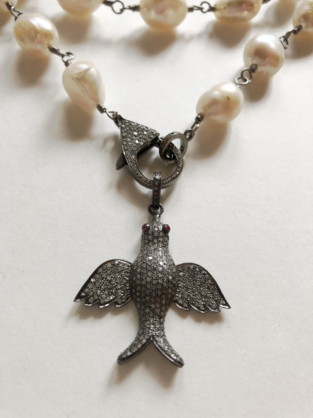 Baroque Pearls & Pave Diamond Bird Pendant Necklace