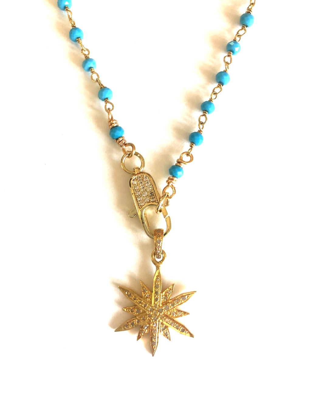 Pave Gold Star Charm and Turquoise Chain Necklace