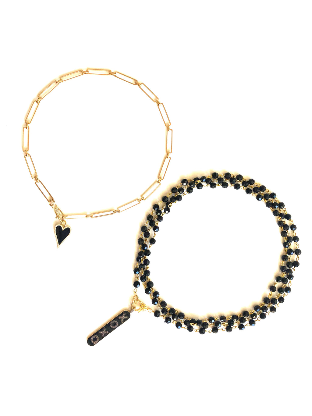Pave Black Heart Charm & Gold Paper Clip Chain Necklace