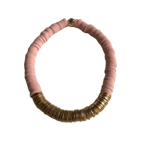 Gold Disc Beads & Dusty Pink Clay Beaded Bracelet