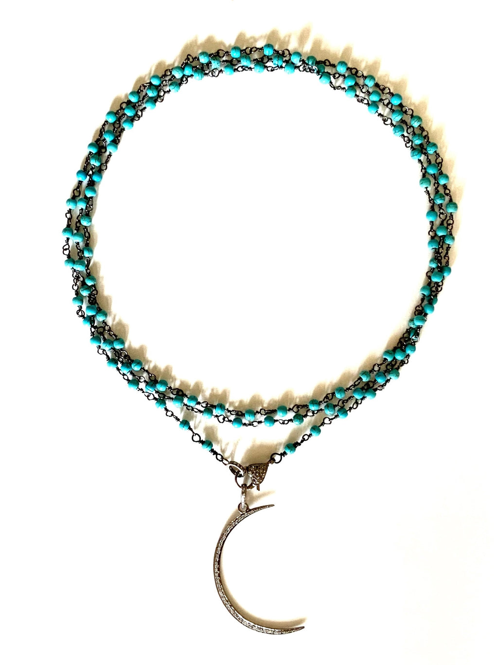 Pave Crescent Moon Pendant & Turquoise Gunmetal Chain Necklace