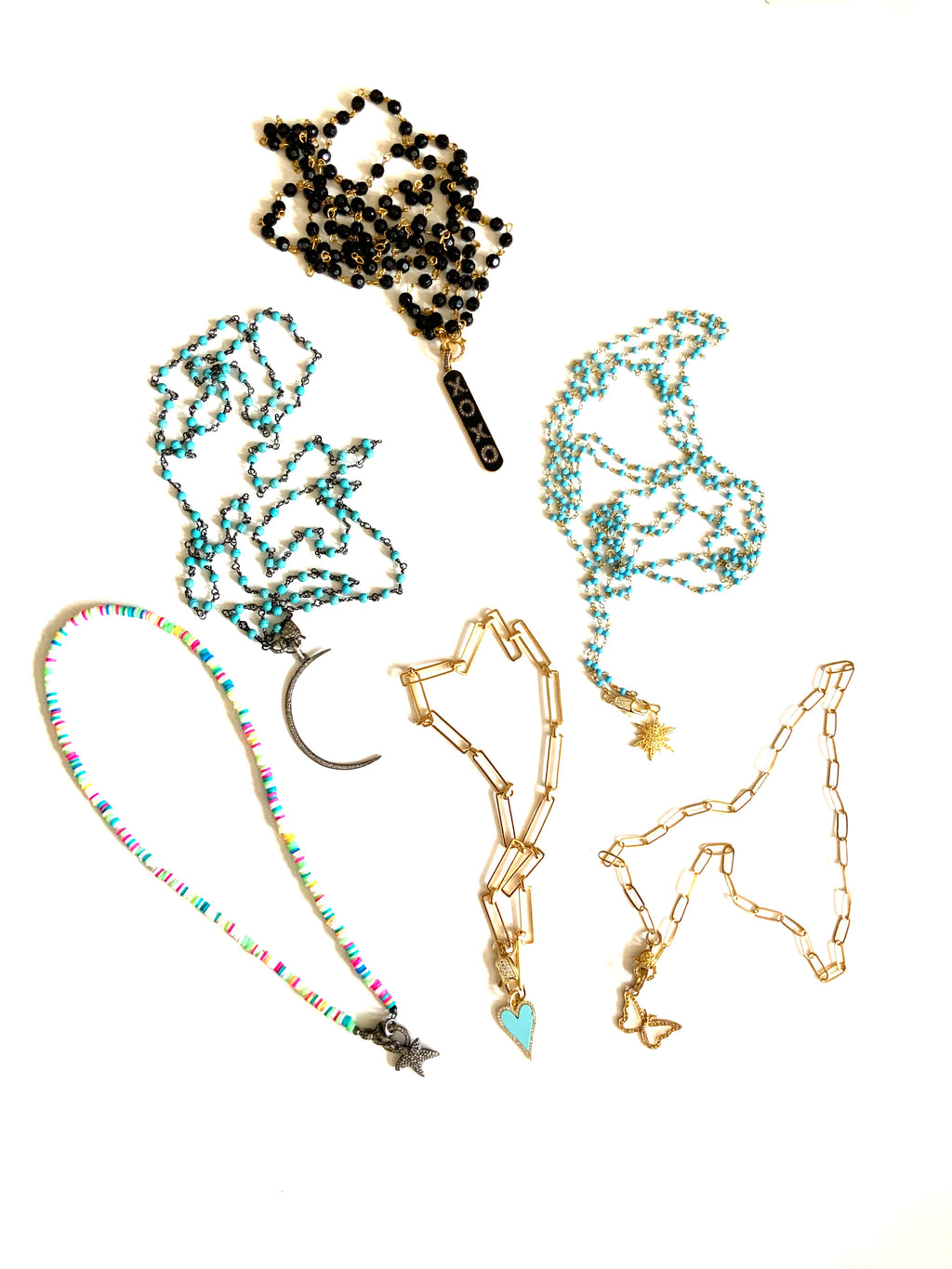 Pave Crescent Moon Pendant & Turquoise Gunmetal Chain Necklace