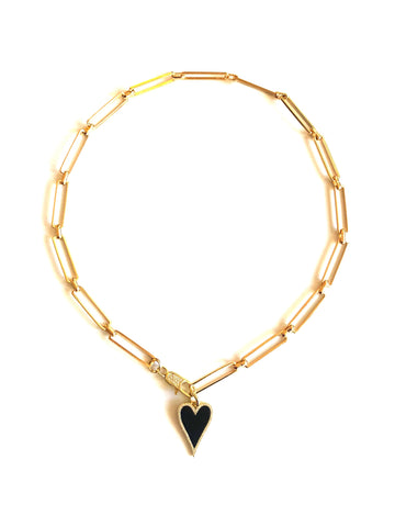 Pave Black Heart Charm & Gold Paper Clip Chain Necklace