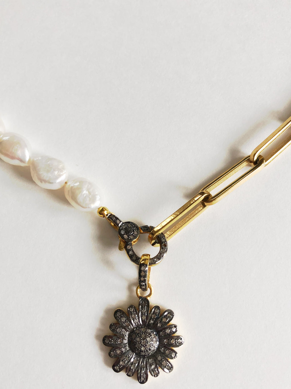 Pave Diamond Flower Pendant & Pearl and Gold Chain Necklace