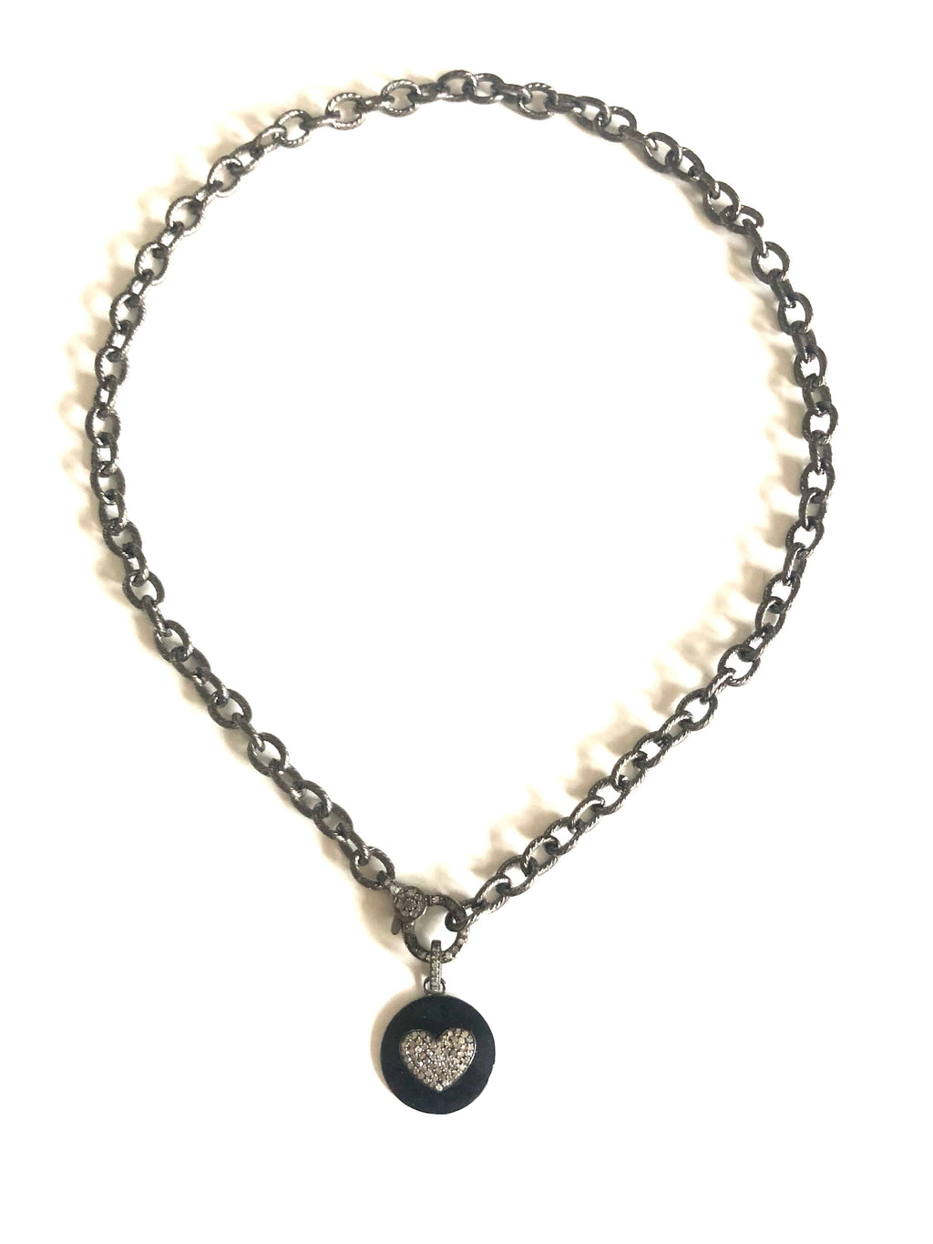 PAVE Diamond Heart Pendant and Gunmetal Chain Necklace