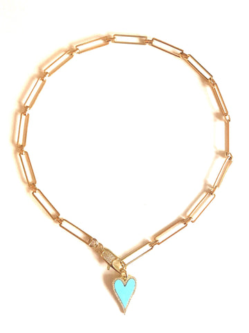 Pave Turquoise Heart Charm & Gold Paper Clip Chain Necklace