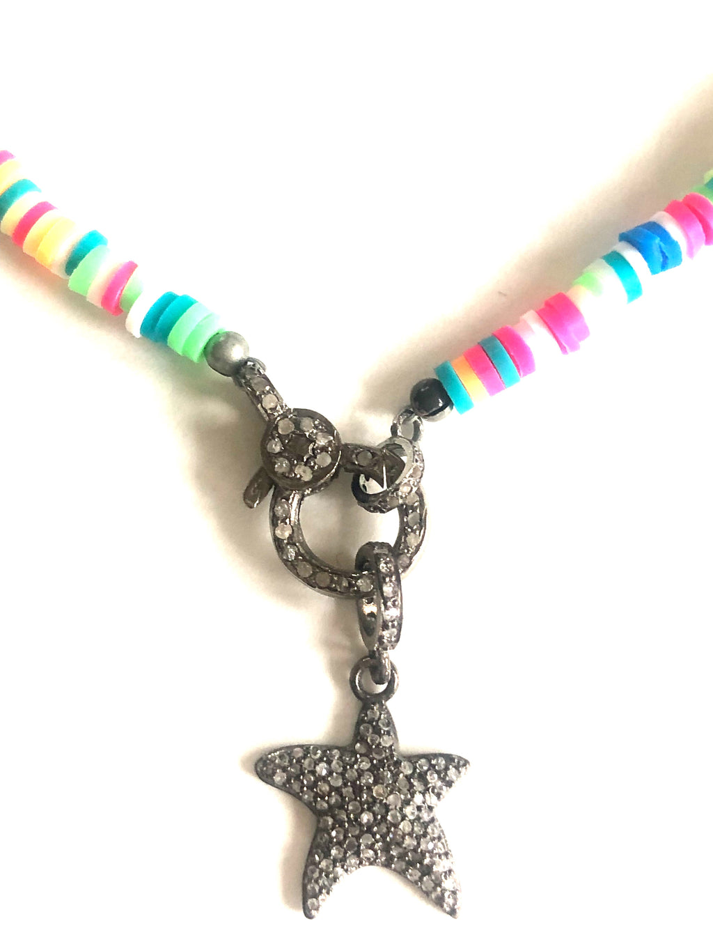 Pave Starfish Charm & Clay Disc Beaded Necklace