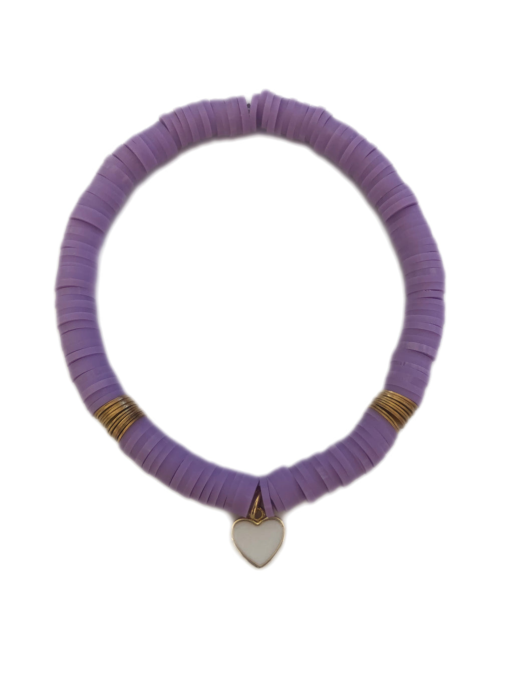 White Heart Charm & Lavender Clay Disc Bracelet