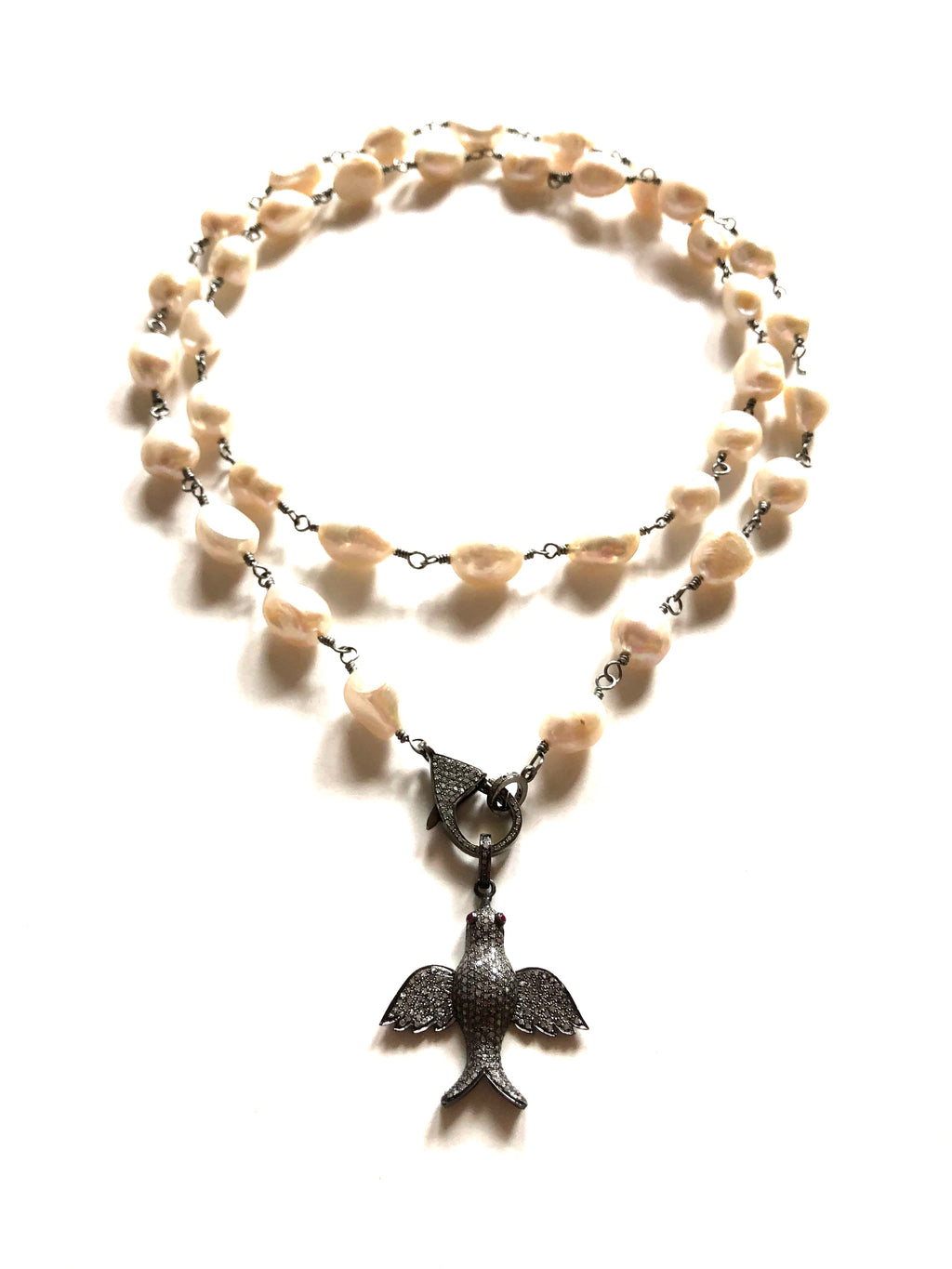 Baroque Pearls & Pave Diamond Bird Pendant Necklace