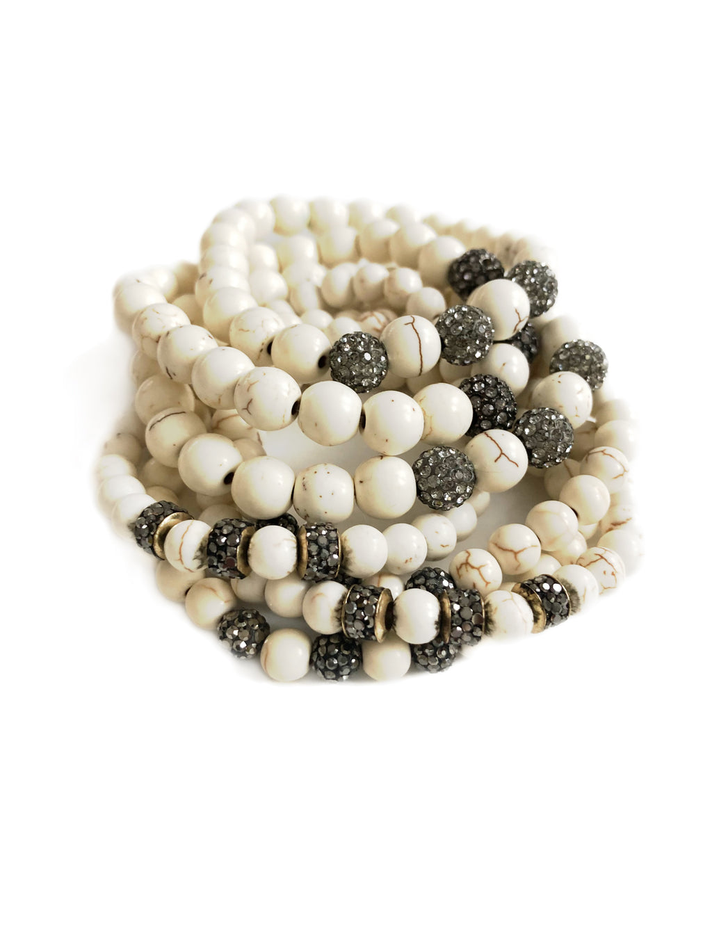 White Turquoise 6mm Beads & Pave Ball Bracelet