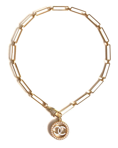 Vintage Round Pearl Pendant & Gold Paper Clip Chain Necklace