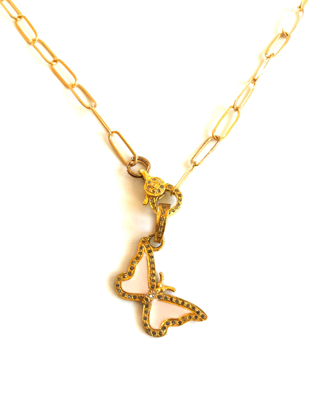 Pave Diamond Pink Butterfly Pendant & Gold Filled  Paperclip Chain Necklace